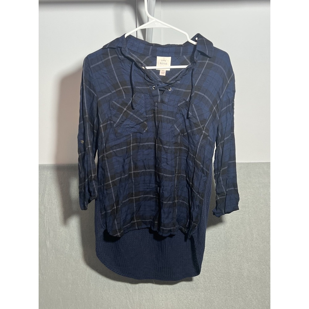 Knox Rose Women's Blue Black Plaid Lace Up Roll Tab Sleeve Tunic Top Size S